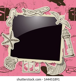 Vintage photo frame with sea vacation elements. Transparent reflection, seamless texture include. Vector illustration EPS10.