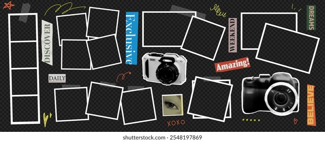 Vintage photo frame set with camera and sticker icons at the transparent bg as a png. Retro collage design for dream memories.