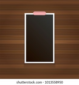 vintage photo frame with shadow isolated on wooden wall background. Vector Photo realistic Mockups with empty space for photo. old photo icon