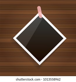 vintage photo frame with shadow isolated on wooden wall background. Vector Photo realistic Mockups with empty space for photo. old photo icon