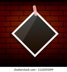 vintage photo frame with shadow isolated on grunge brick wall background. Vector Photo realistic Mockups with empty space for photo. old photo icon