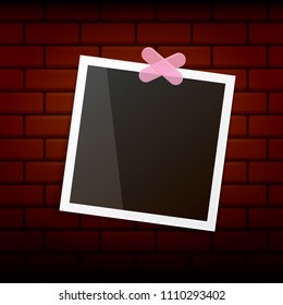 vintage photo frame with shadow isolated on grunge brick wall background. Vector Photo realistic Mockups with empty space for photo. old photo icon