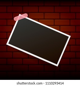 vintage photo frame with shadow isolated on grunge brick wall background. Vector Photo realistic Mockups with empty space for photo. old photo icon