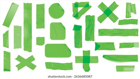 Vintage Photo Frame tape. The template is glued with decorative tape. Green Scotch with Wrinkles of various shapes. Collage set with pasted texture. Vector Torn Paper sheets. Clip and plastic labels.