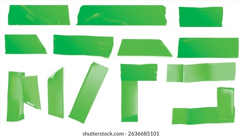 Vintage Photo Frame tape. The template is glued with decorative tape. Green Scotch with Wrinkles of various shapes. Collage set with pasted texture. Vector Torn Paper sheets. Clip and plastic labels.