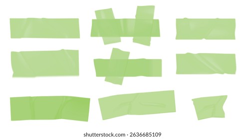 Vintage Photo Frame tape. The template is glued with decorative tape. Green Scotch with Wrinkles of various shapes. Collage set with pasted texture. Vector Torn Paper sheets. Clip and plastic labels.