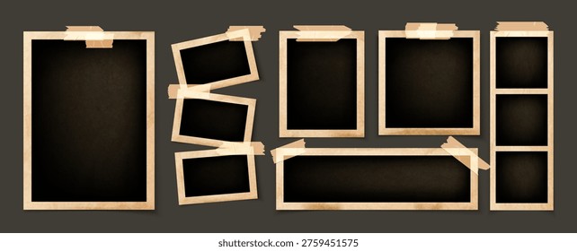 Vintage photo frames with brown paper borders glued by adhesive tape on dark background. Vertical and horizontal rectangular templates of instant pictures for old scrapbook or memory wall design.