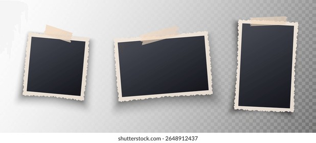 Molduras de foto vintage com bordas figuradas e fita adesiva. Cartão fotográfico retrô isolado no fundo transparente. Coleção de quadros. Ilustração vetorial