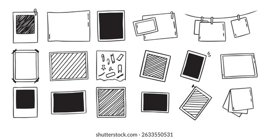 Vintage photo frames hand drawn doodle hanging on a clips icons set. Picture outline drawing template . Vector illustration