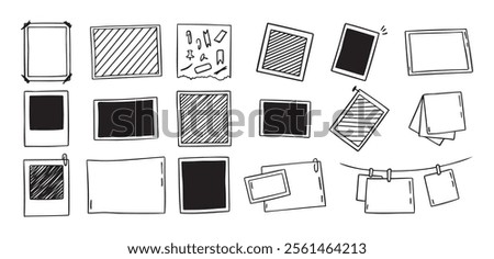 Vintage photo frames hand drawn doodle hanging on a clips icons set. Picture outline drawing template . Vector illustration