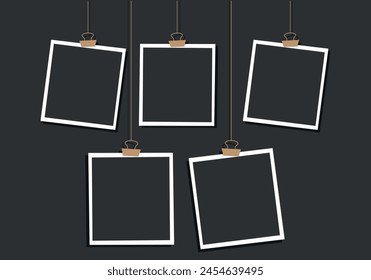 vintage photo frames on paper.. blank photo frames on rope. blank photo frame isolated. vector illustration