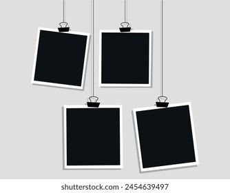 vintage photo frames on paper.. blank photo frames on rope. blank photo frame isolated. vector illustration