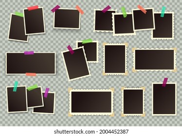 Vintage photo frames. Retro blank picture frame with figured edges. Old photographs with corners, scrapbook album empty photos vector set. Photo collage with adhesive tape and corners