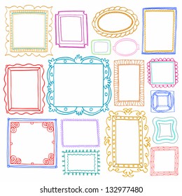 Vintage photo frames set, drawing doodle style, antigue ornamental and cute photo colored frames for decoration and design