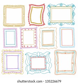 Vintage photo frames set, drawing doodle style, antigue ornamental and cute photo colored frames for decoration and design