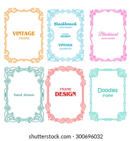 Vintage photo frames set, drawing doodle style, antique ornamental and cute photo colored frames for decoration and design