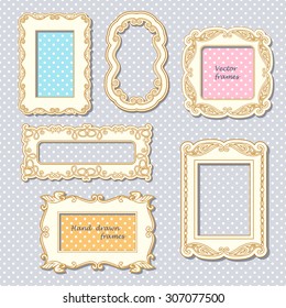 Vintage photo frames set, drawing retro patterns, doodle style, cute photo frames for babies and kids, victorian ornaments for decoration and design