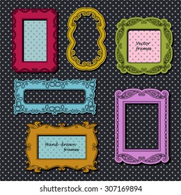 Vintage photo frames set, drawing retro patterns, doodle style, cute photo frames for babies and kids, Victorian ornaments, layout for decoration and design