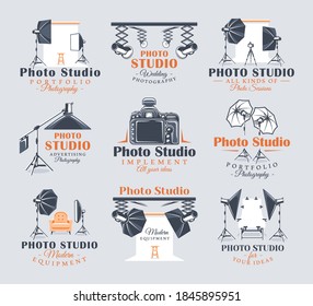 Vintage photo studio labels set. Templates for the design of logos and emblems. Collection of photo studio symbols: spotlight, softbox, strobe. Flat design element. Cartoon stile.Vector illustration