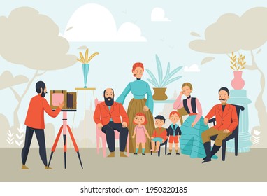 Vintage photographer background with camera and posing family couple vector illustration