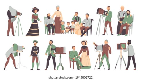 Vintage photographer color set with cameras and accessories isolated vector illustration