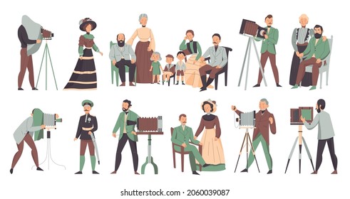 Vintage photographer color set with cameras and accessories isolated vector illustration