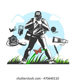 Vintage photographer composition a professional photographer with the working tools in the process vector illustration