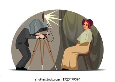 Vintage photographer with retro camera. Man shooting photography with smiling woman model in old style studio. Creative profession, occupation or hobby concept. Vector character illustration