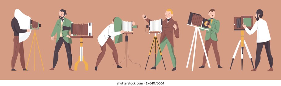 Vintage photographer set with cameras and authentic accessories isolated vector illustration