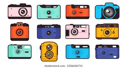 Vintage photography camera. Old analog mechanical equipment for taking photographs, retro studio camera with lens. Vector flat set of professional old and retro equipment illustration