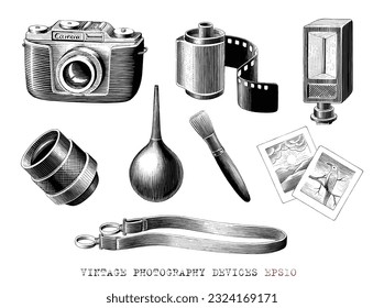 Vintage photography devices collection hand draw vintage engraving style black and white clip art