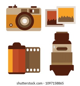 Vintage photography equipment with compact retro analog camera, photo film, objective lens and pictures. Photographing elements set for traveling isolated on white background.