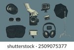 Vintage photography tools and equipment collage , monochrome color objects isolated on dark blue background. Vector illustration