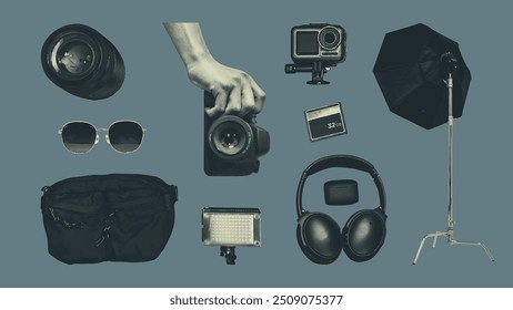 Colagem de equipamento e ferramentas de fotografia vintage , objetos monocromáticos coloridos isolados sobre fundo azul-escuro. Ilustração vetorial