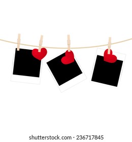 Vintage photos frame on the clothesline with hearts. Vector illustration.