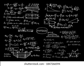Vintage physical notation with the equations, figures, schemes, plots and other calculations on chalkboard. Retro handwritten vector illustration. Scientific and educational background.