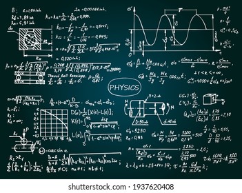 Vintage physical notation with the equations, figures, schemes, plots and other calculations on blackboard. Retro handwritten vector illustration. Scientific and educational background.