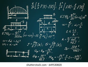 Vintage physical notation with the equations, figures, schemes, plots and other calculations on  blackboard. Handwritten vector illustration. Scientific and educational background.