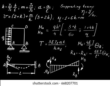 Vintage physical notation with the equations, figures, schemes, plots and other calculations on  chalkboard. Handwritten vector illustration. Scientific and educational background.