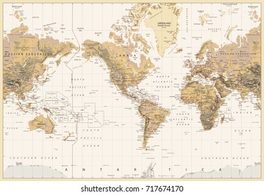 Vintage Physical World Map-America Centered-Colors Of Brown. No Bathymetry. Vector Illustration.