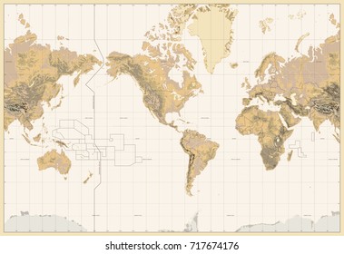 Vintage Physical World Map-America Centered-Colors Of Brown. No Bathymetry And Text. Vector Illustration.