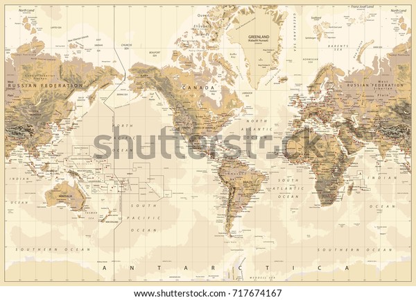 ビンテージ物理世界地図 アメリカ中心の茶色 ベクターイラスト