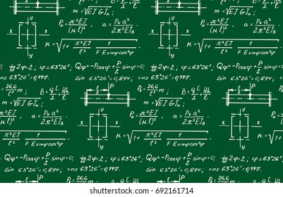 Vintage physics seamless pattern with the equations, figures, schemes, plots and other calculations on blackboard. Handwritten vector Illustration.