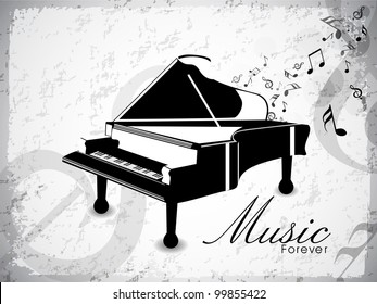 Vintage piano in black and white color with musical notes on grungy grey background and space for your text. EPS 10. Vector illustration.
