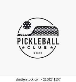 Vintage Pickleball club logo design, pickleball racket and ball icon vector on white background