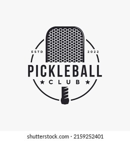 Vintage Pickleball club logo design, pickleball racket icon vector on white background