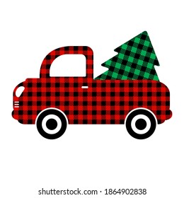 Vintage pickup, truck or red lorry with Christmas tree. Lumberjack, tartan or buffalo plaid patternVector illustration.