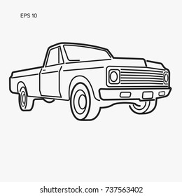 Vintage pickup truck vector illustration. Line art retro american car