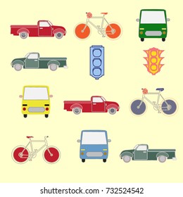 Vintage pickup trucks,bicycles and cars with traffic light mounting.Pattern and background concept for kid.