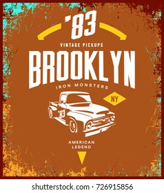 Vintage pickup vehicle vector tee-shirt logo isolated on brown background. Premium quality old sport car logotype t-shirt emblem illustration. Brooklyn, New York street wear retro tee print design.